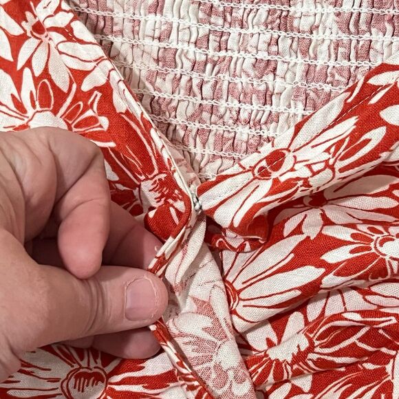 Madewell Anita Abstract Floral Linen Wrap Puff Sleeve Top XS Roasted Squash Red - Picture 7 of 11